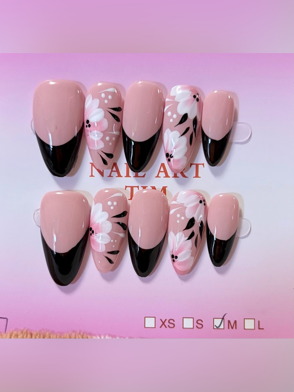 Pink Floral Nails with Black French Tips - Home Art Painting